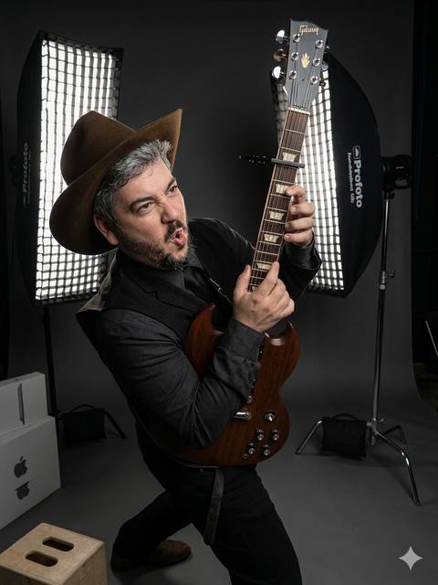 Guitarrista dos Folkadelicos em ensaio de estúdio
